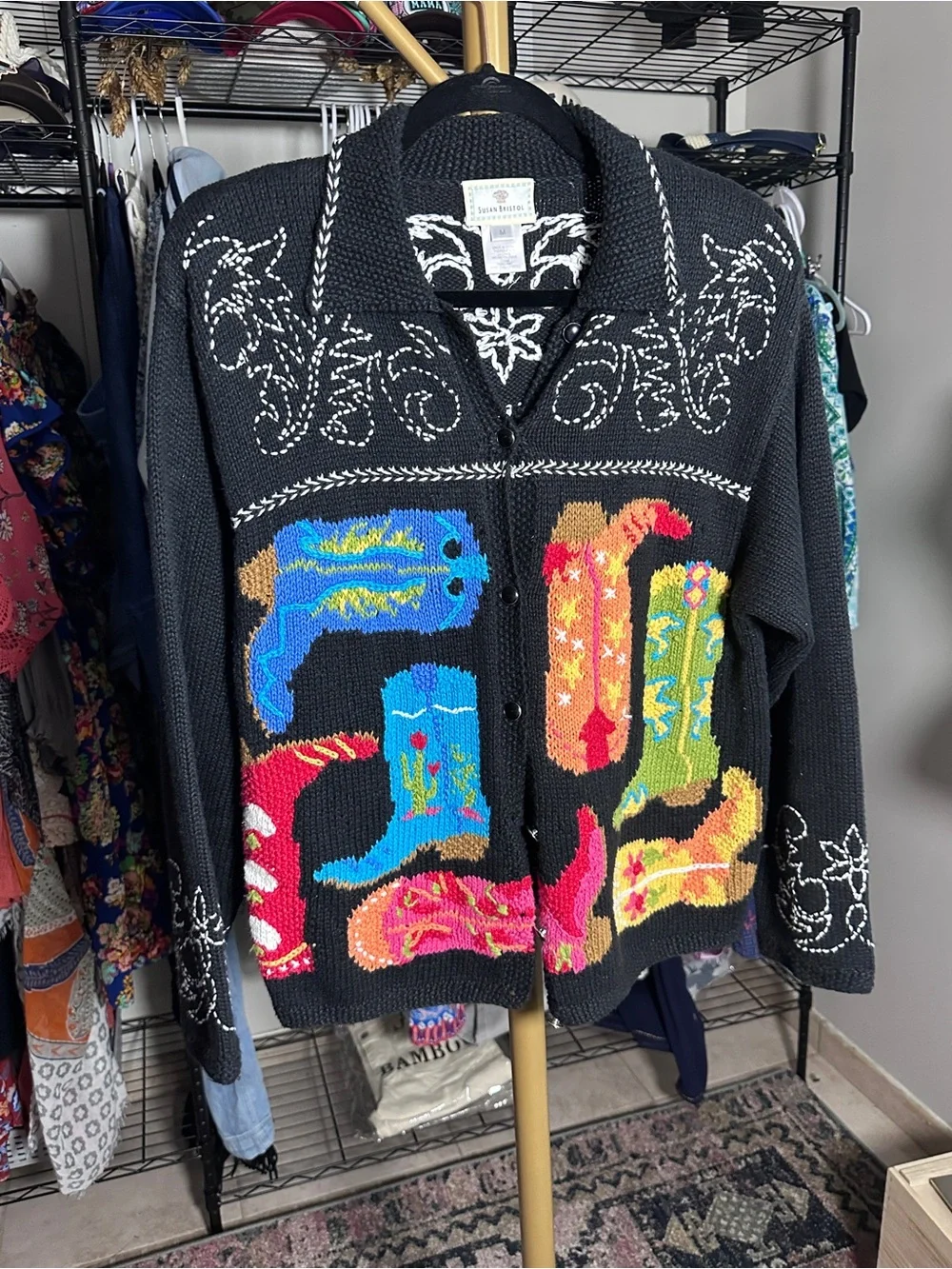 Susan Bristol Black Cardigan with Multicolor Boots and White Embroidery